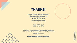 CREDITS: This presentation template was created by
ݺߣsgo, including icons by Flaticon, and infographics &
images by Freepik.
THANKS!
Do you have any questions?
youremail@freepik.com
+91 620 421 838
yourcompany.com
Please keep this slide for attribution.
 