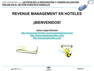 REVENUE MANAGEMENT EN HOTELES
¡BIENVENIDOS!
Jaime López-Chicheri
http://www.jaimechicheri-revenuemanagement.com/
http://www.marketingsurfers.com/
http://www.buzzturistic.com/

 