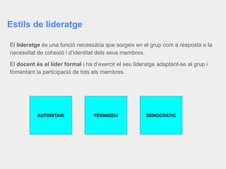 Estils de lideratge
El lideratge és una funció necessària que sorgeix en el grup com a resposta a la
necessitat de cohesió i d’identitat dels seus membres.
El docent és el líder formal i ha d’exercir el seu lideratge adaptant-se al grup i
fomentant la participació de tots els membres.
AUTORITARI PERMISSIU DEMOCRÀTIC
 