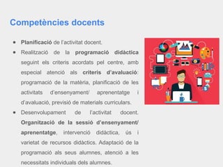 Competències docents
● Planificació de l’activitat docent.
● Realització de la programació didàctica
seguint els criteris acordats pel centre, amb
especial atenció als criteris d’avaluació:
programació de la matèria, planificació de les
activitats d’ensenyament/ aprenentatge i
d’avaluació, previsió de materials curriculars.
● Desenvolupament de l’activitat docent.
Organització de la sessió d’ensenyament/
aprenentatge, intervenció didàctica, ús i
varietat de recursos didàctics. Adaptació de la
programació als seus alumnes, atenció a les
necessitats individuals dels alumnes.
 