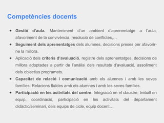 Competències docents
● Gestió d’aula. Manteniment d’un ambient d’aprenentatge a l’aula,
afavoriment de la convivència, resolució de conflictes,…
● Seguiment dels aprenentatges dels alumnes, decisions preses per afavorir-
ne la millora.
● Aplicació dels criteris d’avaluació, registre dels aprenentatges, decisions de
millora adoptades a partir de l’anàlisi dels resultats d’avaluació, assoliment
dels objectius programats.
● Capacitat de relació i comunicació amb els alumnes i amb les seves
famílies. Relacions fluïdes amb els alumnes i amb les seves famílies.
● Participació en les activitats del centre. Integració en el claustre, treball en
equip, coordinació, participació en les activitats del departament
didàctic/seminari, dels equips de cicle, equip docent…
 