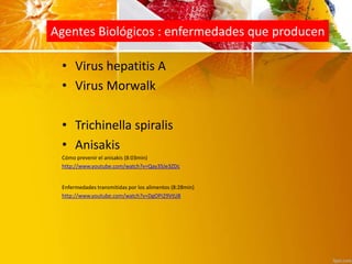 Agentes Biológicos : enfermedades que producen
• Virus hepatitis A
• Virus Morwalk
• Trichinella spiralis
• Anisakis
Cómo prevenir el anisakis (8:03min)
http://www.youtube.com/watch?v=Qay35Je3ZDc
Enfermedades transmitidas por los alimentos (8:28min)
http://www.youtube.com/watch?v=DgOPi29VtU8
 