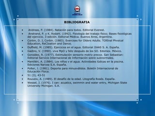 BIBLIOGRAFIA
• Andreas, P. (1984). Natación para todos. Editorial Everest.
• Anstrand, P. y K. Rodahl. (1992). Fisiología del trabajo físico; Bases fisiológicas
del ejercicio. 3 edición. Editorial Médica. Buenos Aires, Argentina.
• Corbin, D. J, Corbin. (1983). Exercises for Olders Adults. TOllInal Phvsical
Education, ReCIeation and Dance.
• Duffield, M. (1985). Ejercicios en el agua. Editorial JIAAS S. A. España.
• Gadino, V. (1990). viva MpO y feliz después de los SO. Edomex. México.
• González, R. (1977). Estimulación sensorio motriz precoz. San Sebastian:
Editorial Servicio Internacional de Información sobre subnormales.
• Mantiléri, A. (1984). Los nifios v el agua. Actividades lúdicas en la piscina.
Ediciones Narcea S.A. España.
• Polter, J. (1981). Deporte para minusválidos. Boletín Internacional de
Educaci6n Física.
• 51 (3), 43-51
• Rouveix, A. (1989). El desafío de la edad. Litografía Rosés. España.
• Wessel, J. (1976). I can: acuatics, swimmin and water entry, Michigan State
University Michigan. S.A.
 
