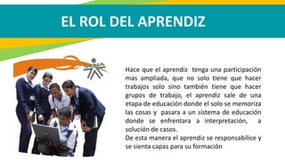 EL ROL DEL APRENDIZ
Hace que el aprendiz tenga una participación
mas ampliada, que no solo tiene que hacer
trabajos solo sino también tiene que hacer
grupos de trabajo, el aprendiz sale de una
etapa de educación donde el solo se memoriza
las cosas y pasara a un sistema de educación
donde se enfrentara a interpretación, a
solución de casos.
De esta manera el aprendiz se responsabilice y
se sienta capas para su formación
 