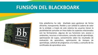 FUNSIÓN DEL BLACKBOARK
Esta plataforma ha sido diseñada para gestionar de forma
eficiente, transparente, flexible y con calidad la cadena de valor
de la entidad, a través de este sistema los usuarios tienen la
posibilidad de consultar en línea todos los aspectos relacionados
con las formaciones. algunas de sus funciones son; acceso a
ambientes, recursos e instructores, consulta ruta de aprendizaje,
optimización de cupos, conocimiento sobre los resultados de
evaluación de aprendices, optimización de tiempos de
aprendizaje, solicitud de programas a la media, y consulta de los
certificados de aprendices sena.
 