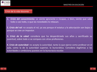 MAESTRÍA EN EDUCACIÓN


Crisis de la vida docente


 1. Crisis del conocimiento: se siente ignorante e incapaz, o bien, siente que sabe
    todo o casi todo, o que las novedades lo rebasan.

 2. Crisis del rol: no acepta el rol, ya sea porque el estatus y la adscripción son bajos o
 porque se cree un impostor.

 3. Crisis de la edad: considera que ha desperdiciado sus años y sacrificado su
 juventud, sobre todo si se compara con otras profesiones.

 4. Crisis de autoridad: no acepta la autoridad, tanto la que ejerce como profesor en el
 aula, como la de la autoridad superior, la burocrática. Considera ilegítimas a las
 autoridades o ambiciona puestos en la burocracia escolar.
 