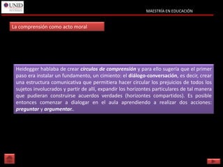MAESTRÍA EN EDUCACIÓN


La comprensión como acto moral




 Heidegger hablaba de crear círculos de comprensión y para ello sugería que el primer
 paso era instalar un fundamento, un cimiento: el diálogo-conversación, es decir, crear
 una estructura comunicativa que permitiera hacer circular los prejuicios de todos los
 sujetos involucrados y partir de allí, expandir los horizontes particulares de tal manera
 que pudieran construirse acuerdos verdades (horizontes compartidos). Es posible
 entonces comenzar a dialogar en el aula aprendiendo a realizar dos acciones:
 preguntar y argumentar..
 