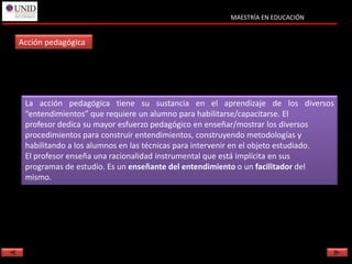 MAESTRÍA EN EDUCACIÓN


Acción pedagógica




 La acción pedagógica tiene su sustancia en el aprendizaje de los diversos
 “entendimientos” que requiere un alumno para habilitarse/capacitarse. El
 profesor dedica su mayor esfuerzo pedagógico en enseñar/mostrar los diversos
 procedimientos para construir entendimientos, construyendo metodologías y
 habilitando a los alumnos en las técnicas para intervenir en el objeto estudiado.
 El profesor enseña una racionalidad instrumental que está implícita en sus
 programas de estudio. Es un enseñante del entendimiento o un facilitador del
 mismo.
 