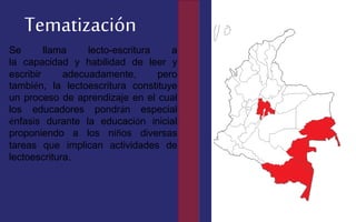 Tematización
Se llama lecto-escritura a
la capacidad y habilidad de leer y
escribir adecuadamente, pero
también, la lectoescritura constituye
un proceso de aprendizaje en el cual
los educadores pondrán especial
énfasis durante la educación inicial
proponiendo a los niños diversas
tareas que implican actividades de
lectoescritura.
 