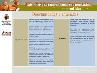 Oportunidades y amenazas
                Empresas del Estado podrían interesarse en este               Posible falta de motivación de las
                tipo de organizaciones sociales para el                       comunidades para adquirir nuestros
                desarrollo de la comunidad.                                   servicios debido a la carencia de recursos
                                                                              financieros.
                Empresas privadas y no gubernamentales;
                podrían patrocinar a la organización en sus
                servicios para las personas de bajos recursos.
                                                                              Otro     tipo    de     organizaciones   que
                                                                              representen una competencia por la
                Ayudar a la comunidad ofreciéndoles una mejor                 similitud en la prestación de servicios.
                calidad de vida y contribuyendo de esta forma al
                desarrollo del país.                                          El poco interés que presente la comunidad
                                                                   AMENAZAS   ante las capacitaciones que se llevaran a
OPORTUNIDADES   Participación y vinculación de grandes grupos de              cabo, generando el replanteamiento de
                comunidades, con el interés de brindar aportes
                                                                              diversas estrategias
                técnicos y humanos a los proyectos que puedan
                generar algún tipo de beneficio particular.

                Posibilidad de extender el negocio a otras
                regiones del país, dado su inminente éxito.

                Generación de ingresos económicos que
                cumplan con las expectativas de las forjadoras
                de la empresa SUEMPRESA MAHEOSAM

                Obtener el reconocimiento a nivel regional,
                nacional e internacional por la labor social
                desarrollada con las comunidades.
 