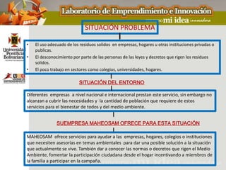 SITUACIÓN PROBLEMA

•   El uso adecuado de los residuos solidos en empresas, hogares u otras instituciones privadas o
    publicas.
•   El desconocimiento por parte de las personas de las leyes y decretos que rigen los residuos
    solidos.
•   El poco trabajo en sectores como colegios, universidades, hogares.

                          SITUACIÓN DEL ENTORNO

Diferentes empresas a nivel nacional e internacional prestan este servicio, sin embargo no
alcanzan a cubrir las necesidades y la cantidad de población que requiere de estos
servicios para el bienestar de todos y del medio ambiente.


               SUEMPRESA MAHEOSAM OFRECE PARA ESTA SITUACIÓN

MAHEOSAM ofrece servicios para ayudar a las empresas, hogares, colegios o instituciones
que necesiten asesorías en temas ambientales para dar una posible solución a la situación
que actualmente se vive. También dar a conocer las normas o decretos que rigen el Medio
Ambiente, fomentar la participación ciudadana desde el hogar incentivando a miembros de
la familia a participar en la campaña.
 