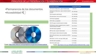 PRINCIPIOS DE LA PRESERVACIÒN Y CONSERVACIÒN
•Permanencia de los documentos.
•Accesibilidad.
 