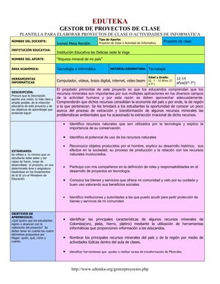 EDUTEKA
                                     GESTOR DE PROYECTOS DE CLASE
      PLANTILLA PARA ELABORAR PROYECTOS DE CLASE O ACTIVIDADES DE INFORMÁTICA
                                                                  Tipo de Aporte:
NOMBRE DEL DOCENTE:                                                                                               Proyecto de clase
                                    Ivoned Mesa Rendón            Proyecto de Clase o Actividad de Informática

INSTITUCIÓN EDUCATIVA:
                                    Institución Educativa las Delicias sede la Vega
NOMBRE DEL APORTE:                  “Riqueza mineral de mi país”

ÁREA ACADÉMICA:                     Tecnología e informática              MATERIA/ASIGNATURA:           Tecnología

                                                                                                        Edad y Grado:
HERRAMIENTAS                                                                                                                12-14
INFORMÁTICAS
                                    Computador, videos, brazo digital, internet, video beam Ej.: 7 - 10 Años (3°
                                                                                                        a 5°)               años(6°-7°)
                                    El propósito primordial de este proyecto es que los educandos comprendan que los
DESCRIPCIÓN:                        recursos minerales son importantes por sus múltiples aplicaciones en los diversos campos
Procure que la Descripción
aporte una visión, lo más clara y   de la actividad humana y por esta razón se deben aprovechar adecuadamente.
amplia posible, de la intención     Comprenderán que dichos recursos consolidan la economía del país y por ende, la de región
educativa de este proyecto y de     a la que pertenecen. Se les brindará a los estudiantes la oportunidad de conocer un poco
los objetivos de aprendizaje que    acerca del proceso de extracción y transformación de algunos recursos minerales las
pretende lograr.
                                    problemáticas ambientales que ha ocasionado la extracción irracional de dicho recursos.

                                        •   Identifico recursos naturales que son utilizados por la tecnología y explico la
                                            importancia de su conservación.

                                        •   Identifico el potencial de uso de los recursos naturales

                                        •   Reconozco objetos producidos por el hombre, explico su desarrollo histórico, sus
ESTÁNDARES:                                 efectos en la sociedad, su proceso de producción y la relación con los recursos
Se refiere a lo mínimo que un               naturales involucrados.
estudiante debe saber y ser
capaz de hacer, luego de
desarrollado el proyecto, en una
determinada área o asignatura           •   Participo con mis compañeros en la definición de roles y responsabilidades en el
basándose en los lineamientos               desarrollo de proyectos en tecnología.
de la IE y/o el Ministerio de
Educación.
                                        •   Conozco los bienes y servicios que ofrece mi comunidad y velo por su cuidado y
                                            buen uso valorando sus beneficios sociales.


                                        •   Identifico instituciones y autoridades a las que puedo acudir para pedir protección de
                                            bienes y servicios de mi comunidad.


OBJETIVOS DE
APRENDIZAJE:
¿Qué quiero que los estudiantes         •   identificar las principales características de algunos recursos minerales de
logren o alcancen con la                    Colombia(oro, plata, hierro, platino) mediante la utilización de herramientas
realización del proyecto? Se                informáticas que proporcionen información a los educandos.
deben tener en cuenta los cuatro
elementos propuestos por
Mager: quién, qué, cómo y               •   Nombrar los principales recursos minerales del país y de la región por medio de
cuánto.                                     actividades lúdicas dentro del aula de clases.

                                        •   Identificar herramientas que ayudan a realizar tareas de transformación de Minerales.




                                             http://www.eduteka.org/gestorproyectos.php
 