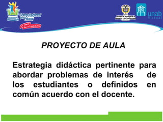 PROYECTO DE AULA   Estrategia didáctica pertinente para abordar problemas de interés  de los estudiantes o definidos en común acuerdo con el docente. 