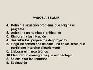 PASOS A SEGUIR  Definir la  situación problema  que origina el proyecto Asignarle un nombre significativo Elaborar la justificación 4.  Describir los  propósito s  del proyecto 5.  Elegir de contenidos de cada una de las áreas que participan interdisciplinariamente 6.  Elaborar el marco teórico Elaborar un cronograma y la metodología  8.  Seleccionar los recursos 9.  Evaluación 