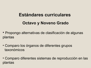 Estándares curriculares Octavo y Noveno Grado Propongo alternativas de clasificación de algunas plantas Comparo los órganos de diferentes grupos taxonómicos Comparo diferentes sistemas de reproducción en las plantas 