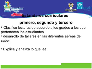 Estándares curriculares primero, segundo y tercero Clasifico lecturas de acuerdo a los grados a los que pertenecen los estudiantes. desarrollo de talleres en las diferentes aéreas del saber Explica y analiza lo que lee. 