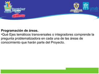 Programación de áreas.  Qué Ejes temáticos transversales o integradores comprende la pregunta problematizadora en cada una de las áreas de conocimiento que harán parte del Proyecto. 
