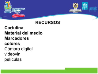 RECURSOS Cartulina Material del medio Marcadores colores Cámara digital videovin películas 