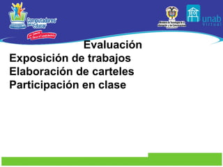 Evalua ción Exposición de trabajos Elaboración de carteles Participación en clase 