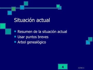 Situación actual Resumen de la situación actual Usar puntos breves Arbol genealógico 