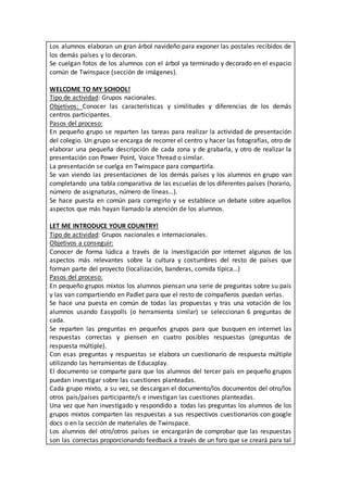 Los alumnos elaboran un gran árbol navideño para exponer las postales recibidos de
los demás países y lo decoran.
Se cuelgan fotos de los alumnos con el árbol ya terminado y decorado en el espacio
común de Twinspace (sección de imágenes).
WELCOME TO MY SCHOOL!
Tipo de actividad: Grupos nacionales.
Objetivos: Conocer las características y similitudes y diferencias de los demás
centros participantes.
Pasos del proceso:
En pequeño grupo se reparten las tareas para realizar la actividad de presentación
del colegio. Un grupo se encarga de recorrer el centro y hacer las fotografías, otro de
elaborar una pequeña descripción de cada zona y de grabarla, y otro de realizar la
presentación con Power Point, Voice Thread o similar.
La presentación se cuelga en Twinspace para compartirla.
Se van viendo las presentaciones de los demás países y los alumnos en grupo van
completando una tabla comparativa de las escuelas de los diferentes países (horario,
número de asignaturas, número de líneas…).
Se hace puesta en común para corregirlo y se establece un debate sobre aquellos
aspectos que más hayan llamado la atención de los alumnos.
LET ME INTRODUCE YOUR COUNTRY!
Tipo de actividad: Grupos nacionales e internacionales.
Objetivos a conseguir:
Conocer de forma lúdica a través de la investigación por internet algunos de los
aspectos más relevantes sobre la cultura y costumbres del resto de países que
forman parte del proyecto (localización, banderas, comida típica…)
Pasos del proceso:
En pequeño grupos mixtos los alumnos piensan una serie de preguntas sobre su país
y las van compartiendo en Padlet para que el resto de compañeros puedan verlas.
Se hace una puesta en común de todas las propuestas y tras una votación de los
alumnos usando Easypolls (o herramienta similar) se seleccionan 6 preguntas de
cada.
Se reparten las preguntas en pequeños grupos para que busquen en internet las
respuestas correctas y piensen en cuatro posibles respuestas (preguntas de
respuesta múltiple).
Con esas preguntas y respuestas se elabora un cuestionario de respuesta múltiple
utilizando las herramientas de Educaplay.
El documento se comparte para que los alumnos del tercer país en pequeño grupos
puedan investigar sobre las cuestiones planteadas.
Cada grupo mixto, a su vez, se descargan el documento/los documentos del otro/los
otros país/países participante/s e investigan las cuestiones planteadas.
Una vez que han investigado y respondido a todas las preguntas los alumnos de los
grupos mixtos comparten las respuestas a sus respectivos cuestionarios con google
docs o en la sección de materiales de Twinspace.
Los alumnos del otro/otros países se encargarán de comprobar que las respuestas
son las correctas proporcionando feedback a través de un foro que se creará para tal
 