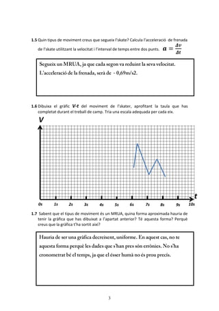 3
1.5 Quin tipus de moviment creus que segueix l’skate? Calcula l’acceleració de frenada
de l’skate utilitzant la velocitat i l’interval de temps entre dos punts.
1.6 Dibuixa el gràfic V-t del moviment de l’skater, aprofitant la taula que has
completat durant el treball de camp. Tria una escala adequada per cada eix.
1.7 Sabent que el tipus de moviment és un MRUA, quina forma aproximada hauria de
tenir la gràfica que has dibuixat a l’apartat anterior? Té aquesta forma? Perquè
creus que la gràfica t’ha sortit així?
V
t
1s 2s 3s 4s 5s 6s 7s 8s 9s 10s0s
 