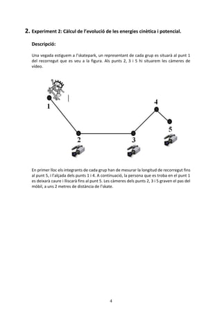 4
2. Experiment 2: Càlcul de l’evolució de les energies cinètica i potencial.
Descripció:
Una vegada estiguem a l’skatepark, un representant de cada grup es situarà al punt 1
del recorregut que es veu a la figura. Als punts 2, 3 i 5 hi situarem les càmeres de
vídeo.
En primer lloc els integrants de cada grup han de mesurar la longitud de recorregut fins
al punt 5, i l’alçada dels punts 1 i 4. A continuació, la persona que es troba en el punt 1
es deixarà caure i lliscarà fins al punt 5. Les càmeres dels punts 2, 3 i 5 graven el pas del
mòbil, a uns 2 metres de distància de l’skate.
 