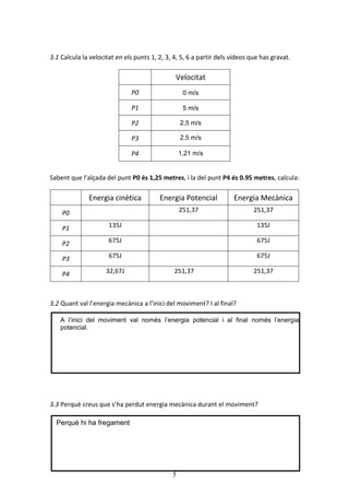5
3.1 Calcula la velocitat en els punts 1, 2, 3, 4, 5, 6 a partir dels vídeos que has gravat.
Sabent que l’alçada del punt P0 és 1,25 metres, i la del punt P4 és 0.95 metres, calcula:
3.2 Quant val l’energia mecànica a l’inici del moviment? I al final?
A l’inici del moviment val només l’energia potencial i al final només l’energia
potencial.
3.3 Perquè creus que s’ha perdut energia mecànica durant el moviment?
Velocitat
P0
P1
P2
P3
P4
Energia cinètica Energia Potencial Energia Mecànica
P0 251,37 251,37
P1 135J 135J
P2 675J 675J
P3 675J 675J
P4 32,67J 251,37 251,37
Perquè hi ha fregament
0 m/s
5 m/s
2,5 m/s
2,5 m/s
1,21 m/s
 