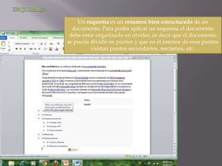 Un esquema es un resumen bien estructurado de un
documento. Para poder aplicar un esquema el documento
debe estar organizado en niveles, es decir que el documento
se pueda dividir en puntos y que en el interior de esos puntos
existan puntos secundarios, terciarios, etc.

 
