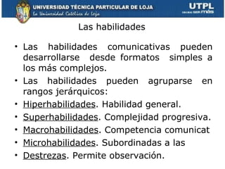Las habilidades Las habilidades comunicativas pueden desarrollarse  desde formatos  simples a los más complejos. Las habilidades pueden agruparse en rangos jerárquicos: Hiperhabilidades . Habilidad general. Superhabilidades . Complejidad progresiva. Macrohabilidades . Competencia comunicat Microhabilidades . Subordinadas a las Destrezas . Permite observación. 