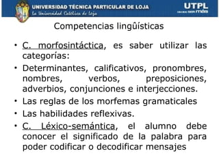 Competencias lingûísticas C. morfosintáctica , es saber utilizar las categorías: Determinantes, calificativos, pronombres, nombres, verbos, preposiciones, adverbios, conjunciones e interjecciones. Las reglas de los morfemas gramaticales Las habilidades reflexivas. C. Léxico-semántica , el alumno debe conocer el significado de la palabra para poder codificar o decodificar mensajes 