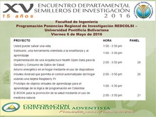 Facultad de Ingeniería
Programación Ponencias Regional de Investigación REDCOLSI –
Universidad Pontificia Bolivariana
Viernes 6 de Mayo de 2016
 