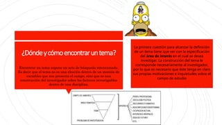¿Dóndeycómoencontraruntema?
Encontrar un tema supone un acto de búsqueda intencionado.
Es decir que el tema no es una elección dentro de un montón de
variables que nos presenta el campo, sino que es una
construcción del investigador sobre los factores investigables
dentro de una disciplina.
La primera cuestión para alcanzar la definición
de un tema tiene que ver con la especificación
del área de interés en el cual se desea
investigar. La construcción del tema le
corresponde necesariamente al investigador,
por lo que es necesario que éste tenga en claro
sus propias motivaciones e inquietudes sobre el
campo de estudio
 