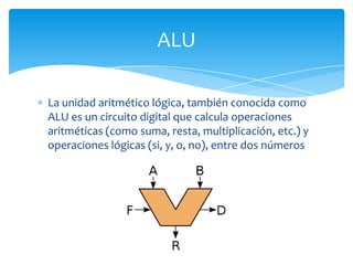 ALU

La unidad aritmético lógica, también conocida como
ALU es un circuito digital que calcula operaciones
aritméticas (como suma, resta, multiplicación, etc.) y
operaciones lógicas (si, y, o, no), entre dos números
 