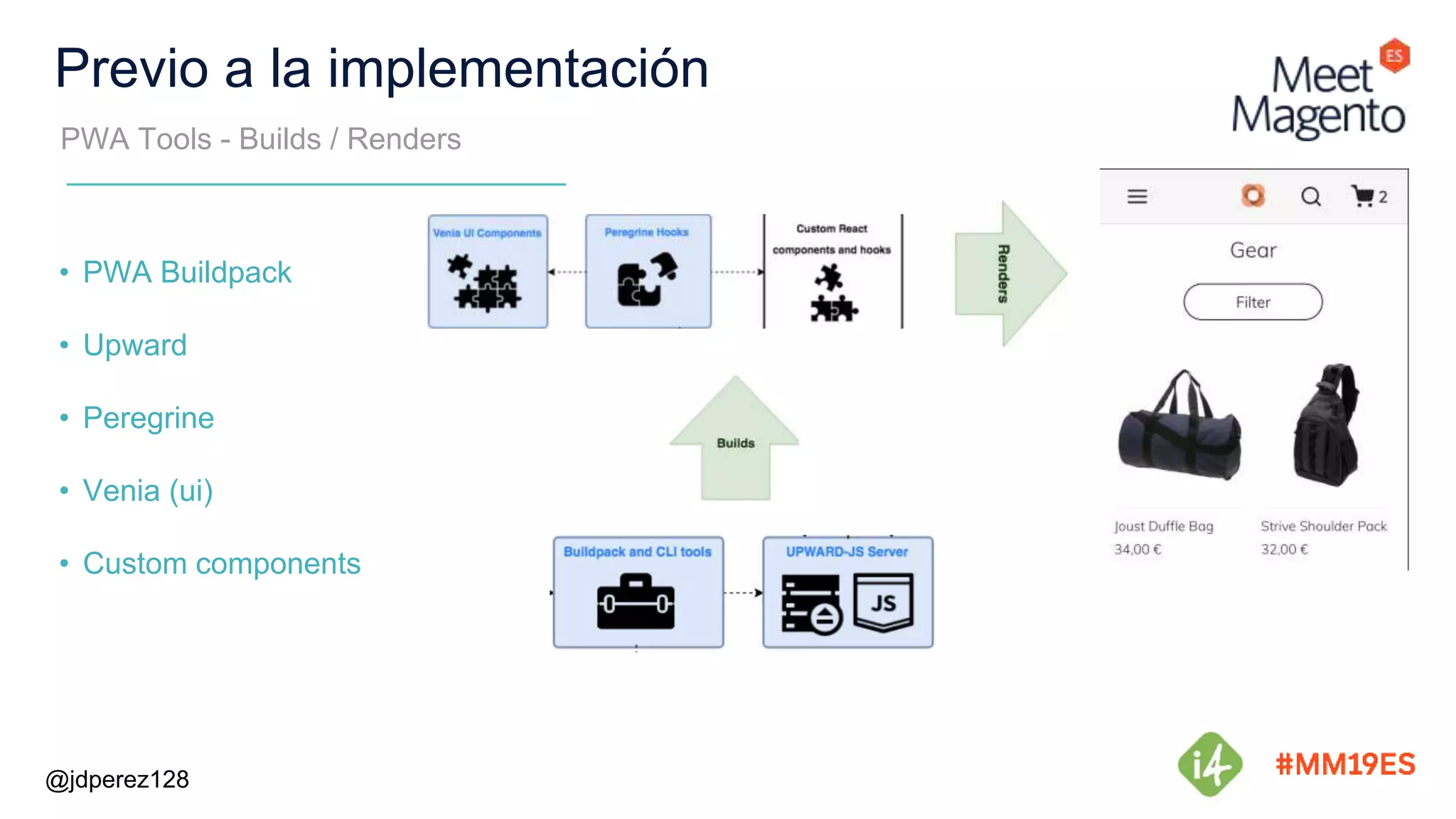 Previo a la implementación
PWA Tools - Builds / Renders
@jdperez128
• PWA Buildpack
• Upward
• Peregrine
• Venia (ui)
• Custom components
 