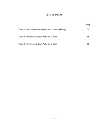 7
LISTA DE TABLAS
Pág
Tabla 1. Nombre de la tabla-Autor de la tabla (si lo hay) 30
Tabla 2. Nombre de la tabla-Autor de la tabla 34
Tabla 3. Nombre de la tabla-Autor de la tabla 35
 
