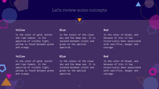 Let’s review some concepts
Yellow
Is the color of gold, butter
and ripe lemons. In the
spectrum of visible light,
yellow is found between green
and orange.
Blue
Is the colour of the clear
sky and the deep sea. It is
located between violet and
green on the optical
spectrum.
Red
Is the color of blood, and
because of this it has
historically been associated
with sacrifice, danger and
courage.
Yellow
Is the color of gold, butter
and ripe lemons. In the
spectrum of visible light,
yellow is found between green
and orange.
Blue
Is the colour of the clear
sky and the deep sea. It is
located between violet and
green on the optical
spectrum.
Red
Is the color of blood, and
because of this it has
historically been associated
with sacrifice, danger and
courage.
18
 