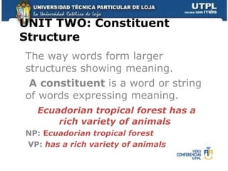 UNIT TWO: Constituent Structure The way words form larger structures showing meaning. A constituent  is a word or string of words expressing meaning. Ecuadorian tropical forest has a rich variety of animals NP:   E cuadorian tropical forest  VP:  has a rich variety of animals 