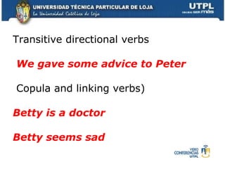 Transitive directional verbs We gave some advice to Peter Copula and linking verbs) Betty is a doctor Betty seems sad 