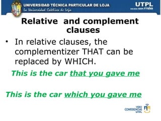 Relative  and complement clauses   In relative clauses, the complementizer THAT can be replaced by WHICH. This is the car  that you gave me This is the car  which you gave me 