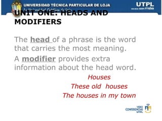 UNIT ONE :  HEADS AND MODIFIERS The  head  of a phrase is the word that carries the most meaning. A  modifier  provides extra information about the head word. Houses These old  houses The houses in my town 