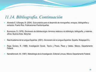 11.14. Bibliografía. Continuación
 Alvarado E. & Borges, B. (2004). Guía práctica para el desarrollo de monografías, ensayos, bibliografías y
  extractos. Puerto Rico. Publicaciones Puertorriqueñas.

 Buonocore, D. (1976). Diccionario de bibliotecología: términos relativos a la bibliología, bibliografía, y materias
  afines. Buenos Aires. Marymar.

 Real Academia de la Lengua Española. (2001). Diccionario de la Lengua Española. España. Rotapapel S.L.

 Rojas Soriano, R. (1988). Investigación Social,. Teoría y Praxis. Plaza y Valdez. México, Departamento
  Federal.

 Namakforoosh, M. (1987). Metodología de la Investigación. Editorial Limusa, México Departamento Federal.




                                                                                                                 38
 