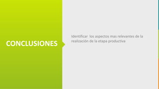 GC-F-004 V.01
CONCLUSIONES
Identificar los aspectos mas relevantes de la
realización de la etapa productiva
 