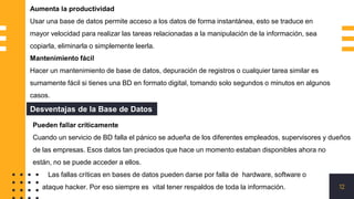 12
Aumenta la productividad
Usar una base de datos permite acceso a los datos de forma instantánea, esto se traduce en
mayor velocidad para realizar las tareas relacionadas a la manipulación de la información, sea
copiarla, eliminarla o simplemente leerla.
Mantenimiento fácil
Hacer un mantenimiento de base de datos, depuración de registros o cualquier tarea similar es
sumamente fácil si tienes una BD en formato digital, tomando solo segundos o minutos en algunos
casos.
Desventajas de la Base de Datos
Pueden fallar críticamente
Cuando un servicio de BD falla el pánico se adueña de los diferentes empleados, supervisores y dueños
de las empresas. Esos datos tan preciados que hace un momento estaban disponibles ahora no
están, no se puede acceder a ellos.
Las fallas críticas en bases de datos pueden darse por falla de hardware, software o
ataque hacker. Por eso siempre es vital tener respaldos de toda la información.
 