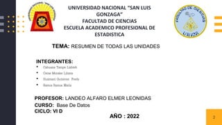 2
UNIVERSIDAD NACIONAL “SAN LUIS
GONZAGA”
FACULTAD DE CIENCIAS
ESCUELA ACADEMICO PROFESIONAL DE
ESTADISTICA
TEMA: RESUMEN DE TODAS LAS UNIDADES
INTEGRANTES:
• Cahuana Tampe Lisbteh
• Ceras Morales Liliana
• Huamaní Gutierrez Fredy
• Ramos Ramos María
PROFESOR: LANDEO ALFARO ELMER LEONIDAS
CURSO: Base De Datos
CICLO: VI D
AÑO : 2022
 