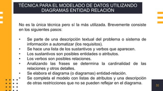 30
TÉCNICA PARA EL MODELADO DE DATOS UTILIZANDO
DIAGRAMAS ENTIDAD RELACIÓN
No es la única técnica pero sí la más utilizada. Brevemente consiste
en los siguientes pasos:
• Se parte de una descripción textual del problema o sistema de
información a automatizar (los requisitos).
• Se hace una lista de los sustantivos y verbos que aparecen.
• Los sustantivos son posibles entidades o atributos.
• Los verbos son posibles relaciones.
• Analizando las frases se determina la cardinalidad de las
relaciones y otros detalles.
• Se elabora el diagrama (o diagramas) entidad-relación.
• Se completa el modelo con listas de atributos y una descripción
de otras restricciones que no se pueden reflejar en el diagrama.
 