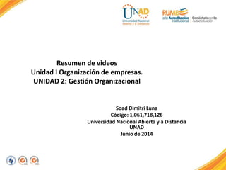 Resumen de videos
Unidad I Organización de empresas.
UNIDAD 2: Gestión Organizacional
Soad Dimitri Luna
Código: 1,061,718,126
Universidad Nacional Abierta y a Distancia
UNAD
Junio de 2014
 