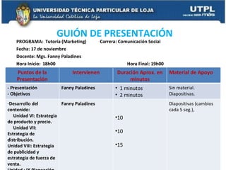 PROGRAMA:  Tutoría (Marketing)  Carrera: Comunicación Social Fecha: 17 de noviembre Docente: Mgs. Fanny Paladines Hora Inicio:  18h00    Hora Final: 19h00 GUIÓN DE PRESENTACIÓN  Puntos de la Presentación Intervienen Duración Aprox. en minutos Material de Apoyo - Presentación - Objetivos  Fanny Paladines 1 minutos 2 minutos Sin material. Diapositivas. Desarrollo del contenido: Unidad VI: Estrategia de producto y precio. Unidad VII: Estrategia de distribución. Unidad VIII: Estrategia de publicidad y estrategia de fuerza de venta. Unidad : IX Planeación estratégica en mercadotecnia. Unidad X: Marketing digital. Fanny Paladines 10 10 15 5 5 Diapositivas (cambios cada 5 seg.),  Video. - Preguntas - Despedida (Contactos, Sugerencias) Fanny Paladines 10 minutos 5 minutos 