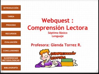 INTRODUCCIÓN
TAREA
PROCESO
RECURSOS
EVALUACIÓN
CONCLUSIONES
BIBLIOGRAFÍA
SUGERENCIAS
METODOLÓGICAS
Webquest :
Comprensión Lectora
Séptimo Básico
Lenguaje
Profesora: Glenda Torrez R.
 